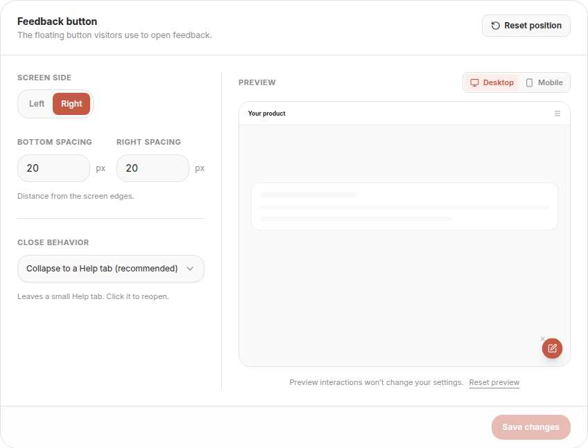 Feedback button settings showing placement, close behavior, and the desktop preview
