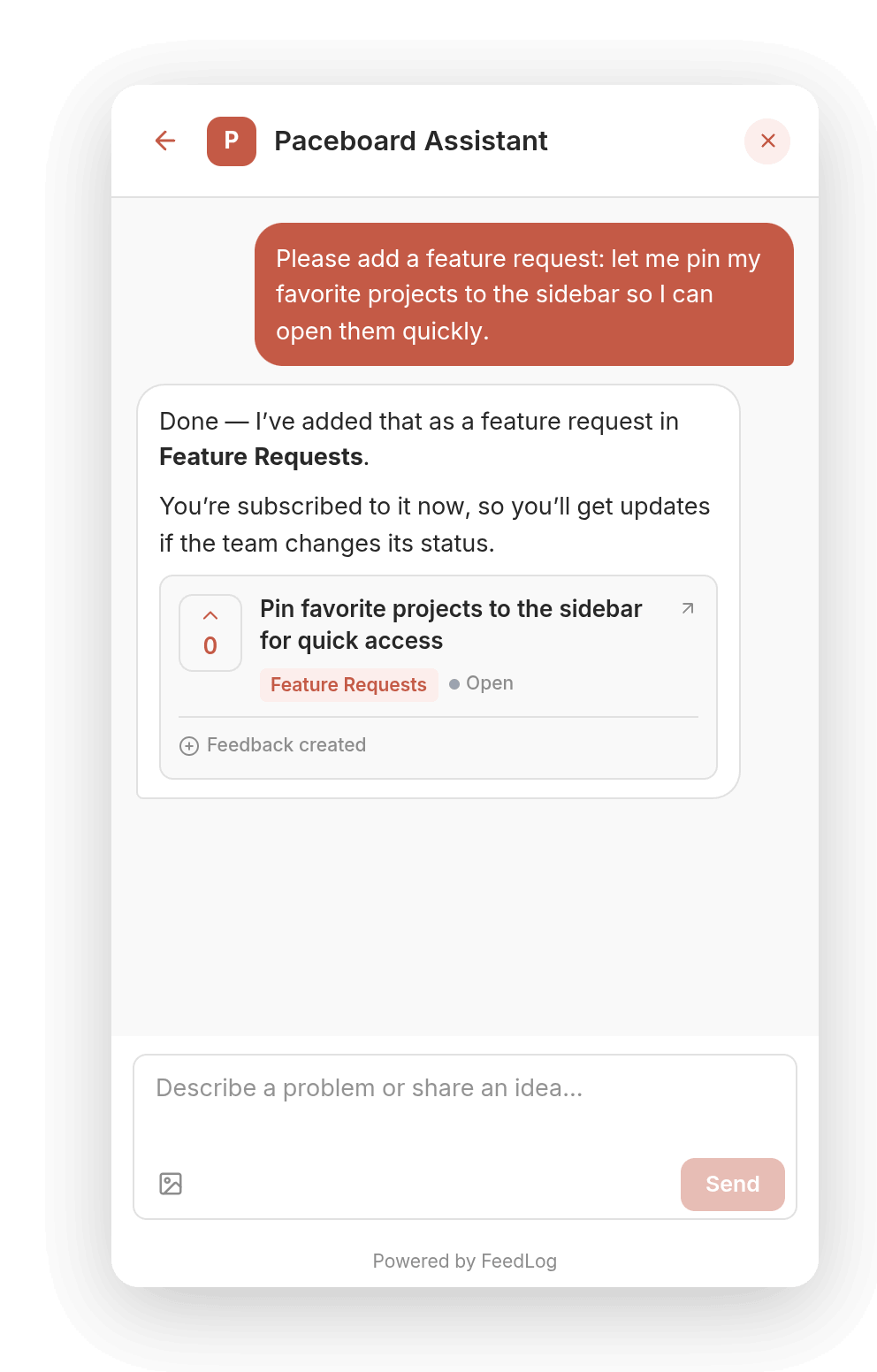 A customer requests pinned projects in the sidebar and Agent creates a feature request