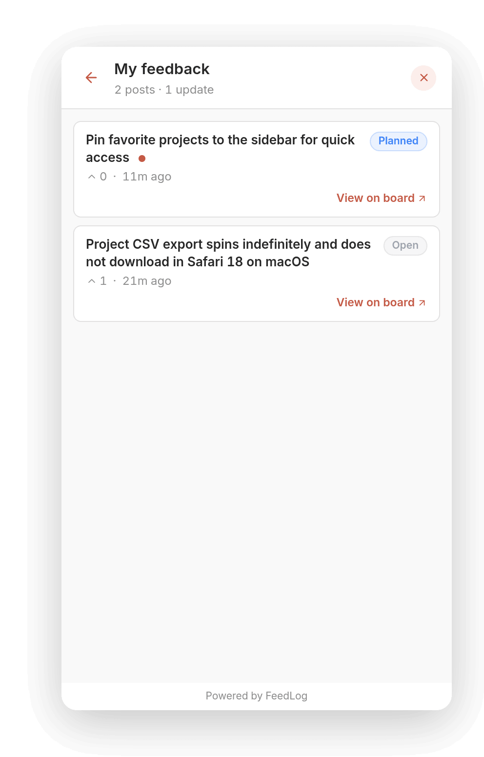 My feedback shows 1 update and an unread dot beside the pinned-projects request, marked Planned