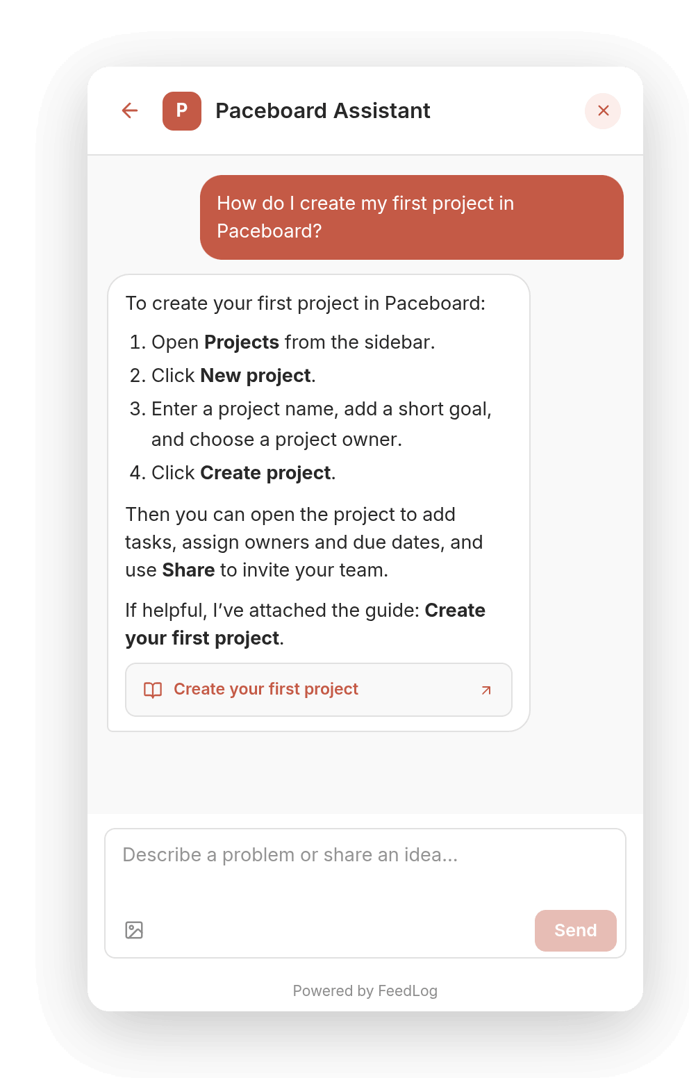 Paceboard Agent answers a project setup question with a help article citation