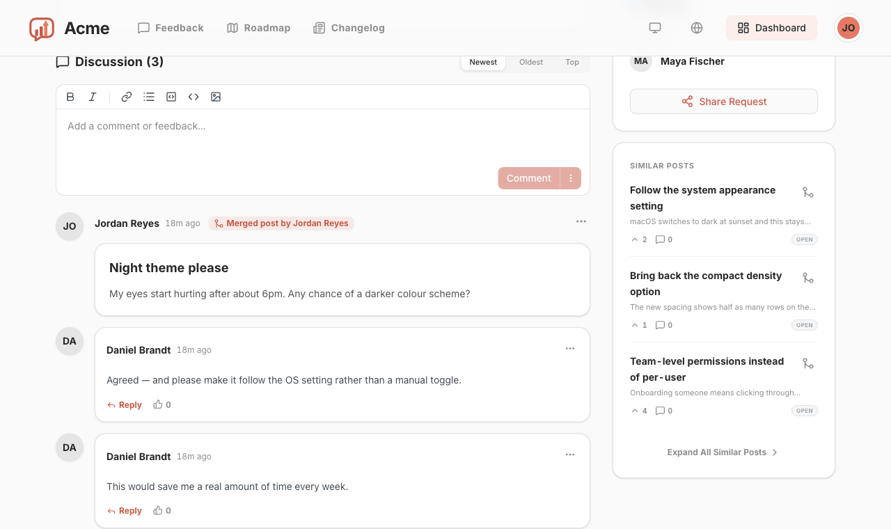 A merged post shown as a card in the surviving post's comment timeline, with the Similar Posts panel beside it