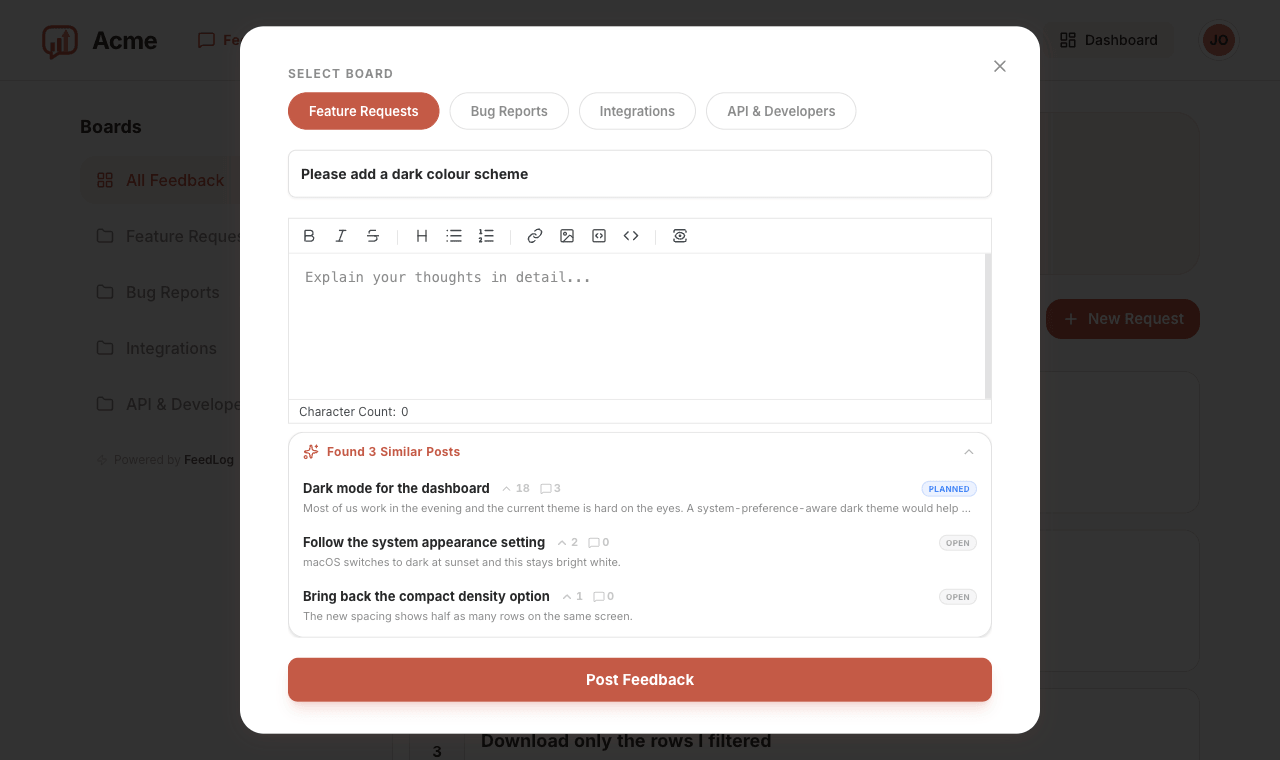 The submit form with a board selected and a title typed, showing similar existing feedback below the editor