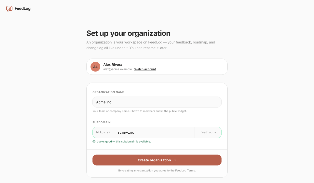 The organization form with a name filled in, the subdomain auto-suggested from it, and a green check confirming the subdomain is available