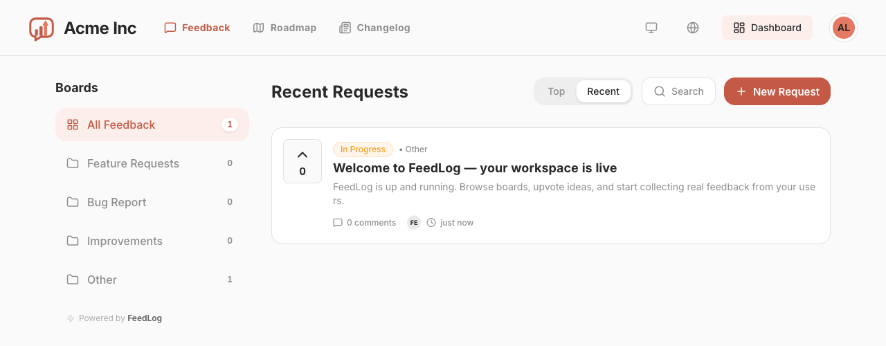The public portal of a new organization, showing the four default boards in the sidebar and the seeded welcome post