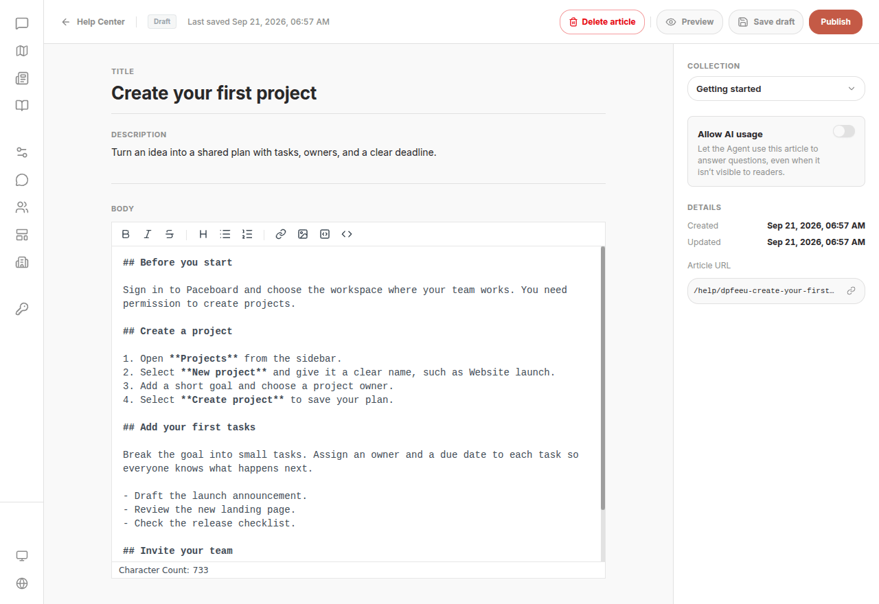 Article editor with title, description, Markdown body, collection selection, and AI usage settings