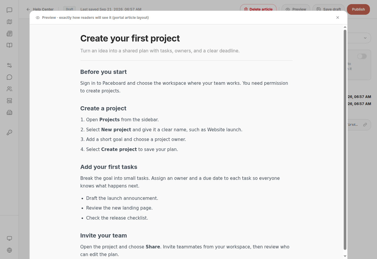 Article preview showing Markdown rendered as headings, numbered steps, and lists