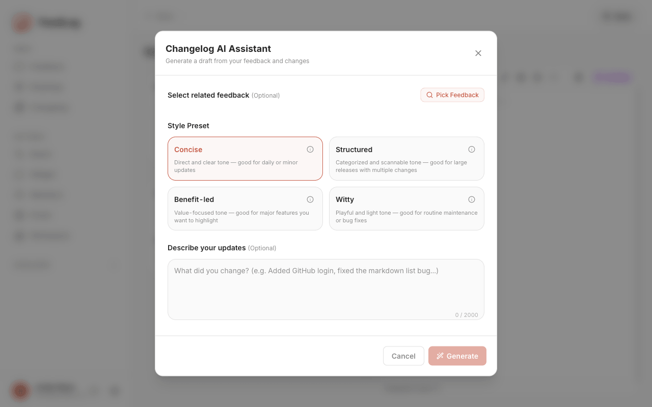 The changelog AI assistant, showing the feedback picker, the four style presets with their descriptions, and the change description box