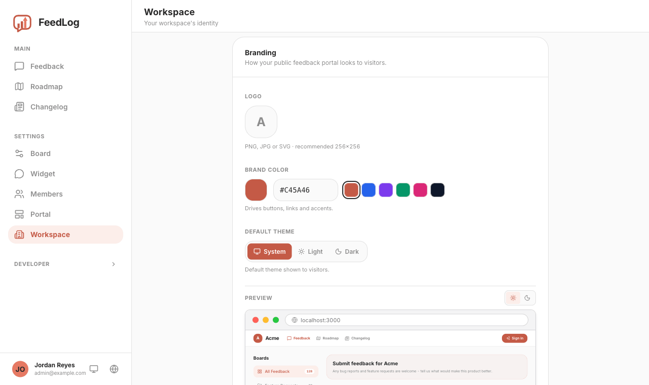 The Branding settings card, showing the logo tile, brand colour picker with presets, and the default theme toggle