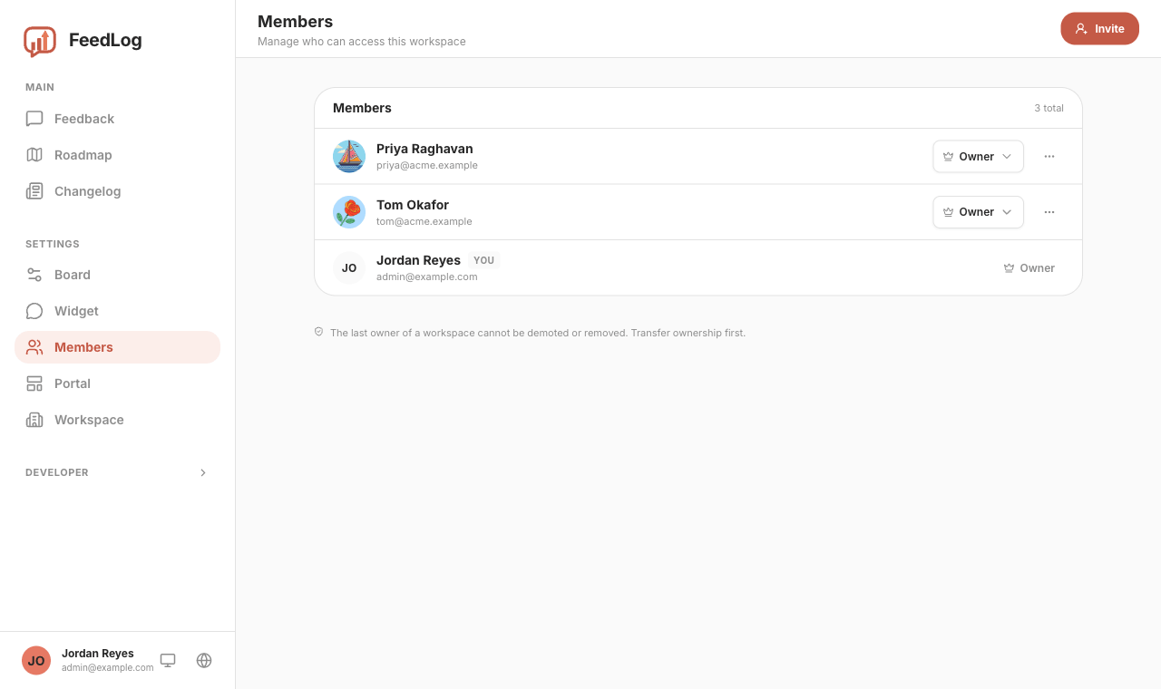 The Members settings page listing each member with their role, and the note that the last owner cannot be demoted