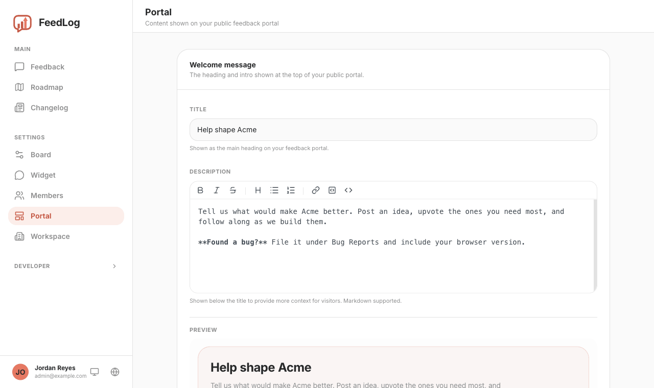 The Portal settings page with the welcome title, the Markdown description editor, and the rendered preview below it