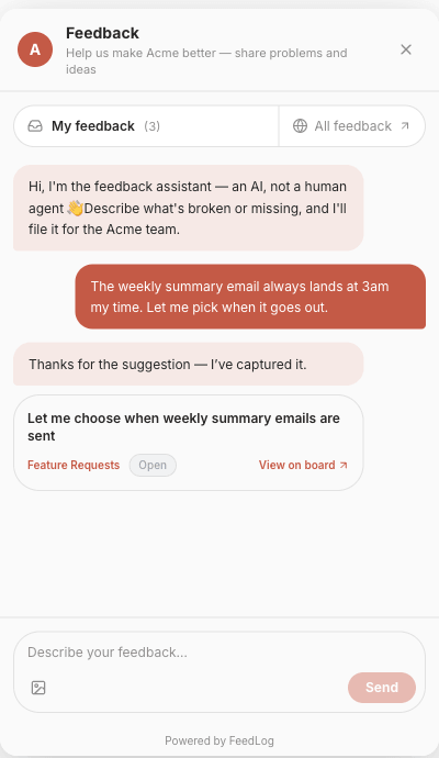 A message about email timing turned into a post: the assistant confirms it, then shows a card with the generated title, the board it picked, the status and a link to the post