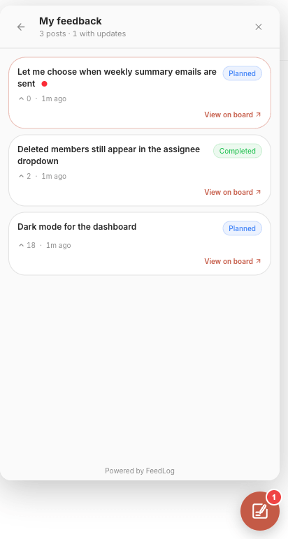 The My feedback list: three posts with their statuses, the top one carrying a red dot for a new update, and the launcher behind it showing a badge of 1