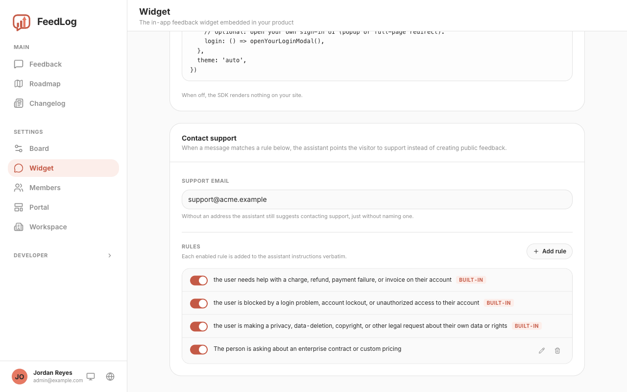 The Contact support card under Settings → Widget: the support address, the three built-in rules with their toggles, and one custom rule below them
