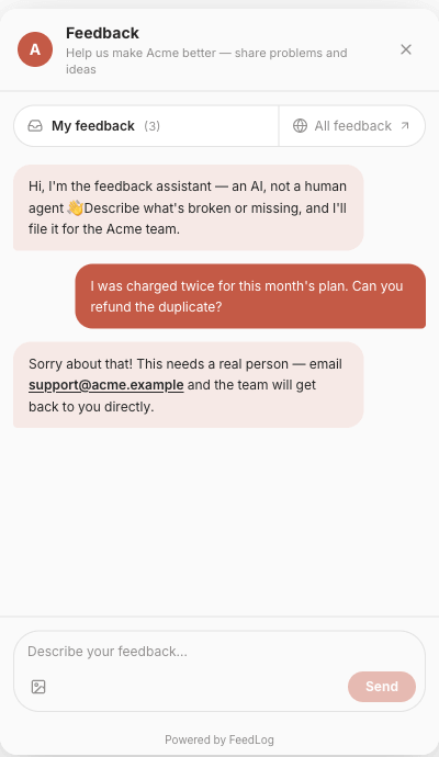 A billing complaint answered with an apology and a mailto link to the workspace's support address, with nothing filed